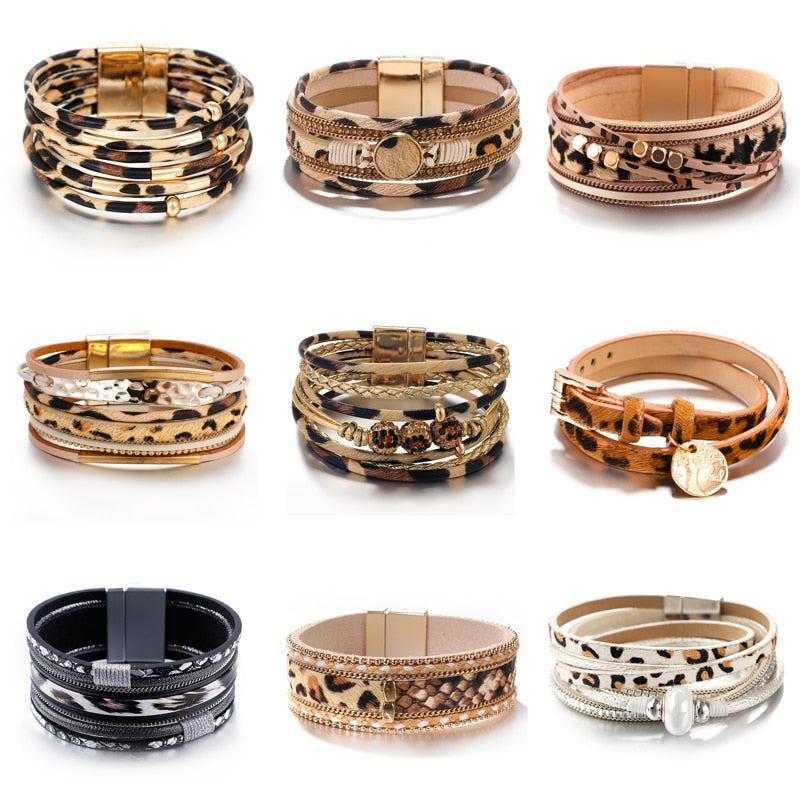 Amorcome Leopard Fashion Bracelets Woman Charm Multilayer Wide Wrap Leather Bracelets & Bangles Femme Party Jewelry Gift  2022