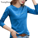 Brief Stickerei 2022 Herbst Baumwolle T-Shirt Frühling Frauen Langarm Lässige Rote T-Shirts Mode Oansatz Blau Gelb Einfache Tops