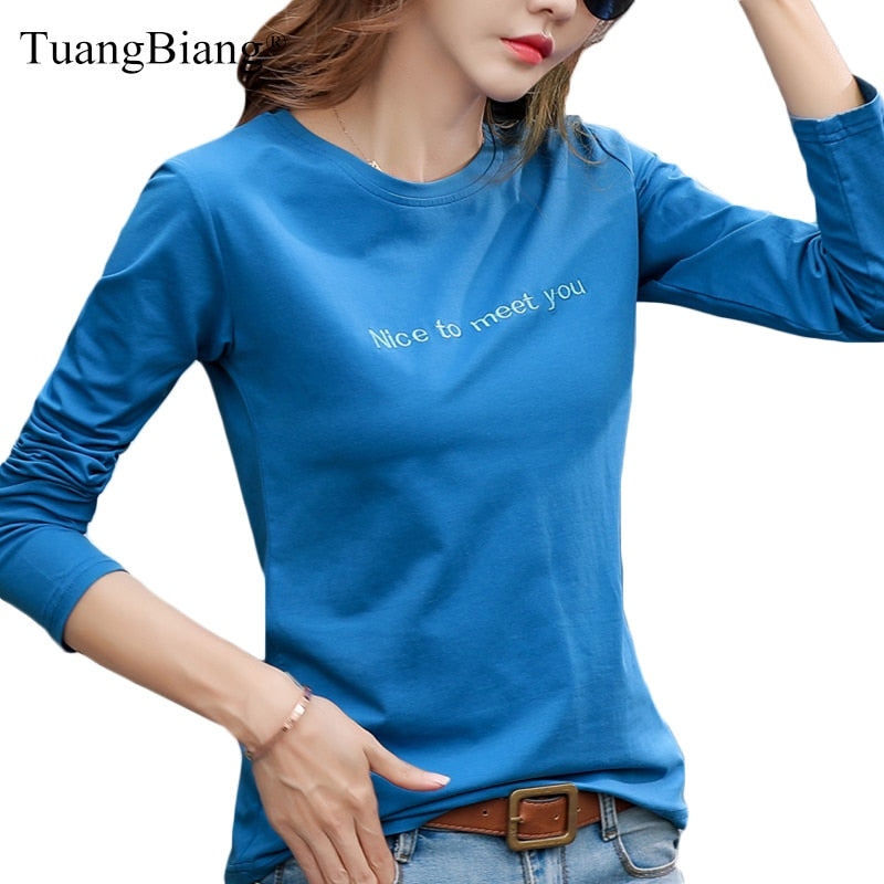 Brief Stickerei 2022 Herbst Baumwolle T-Shirt Frühling Frauen Langarm Lässige Rote T-Shirts Mode Oansatz Blau Gelb Einfache Tops