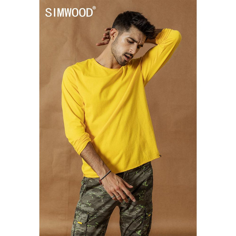SIMWOOD 2022 Spring Winter New Long sleeve solid t shirt men raw roll hem t-shirt Texture quality 100% cotton tops SI980585