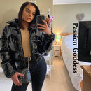 Fashion Cute Women Bright PU Pink Puffer Jacket Winter Warm Bubble Coats Shiny Leather Parkas Down Zipper Cropped Jackets Parkas