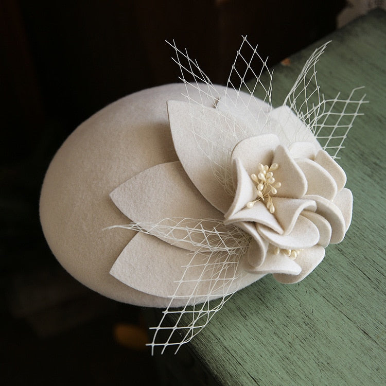 Vintage Pure Wool Fedora Cap Women Mesh Flower Hat Headwear Elegant Ladies Autumn Pillbox Hat