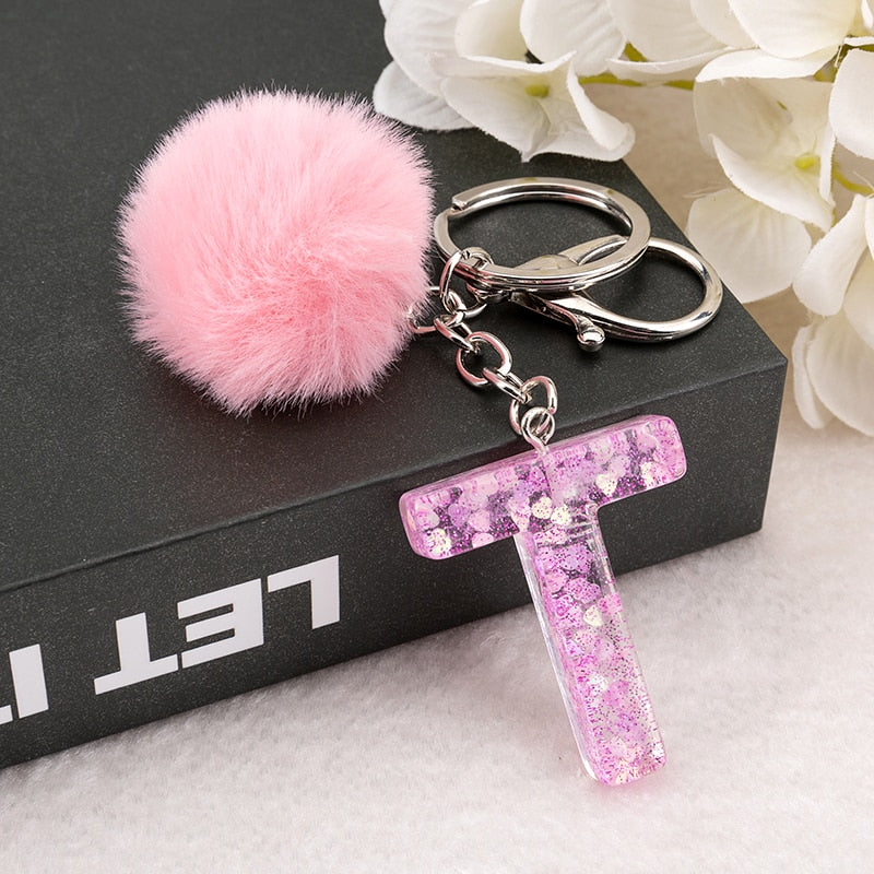 1PC Keyring Pink Color English Letter Keychain with Puffer Ball  26 English word Glitter Resin A TO Q Handbag Charms for Woman