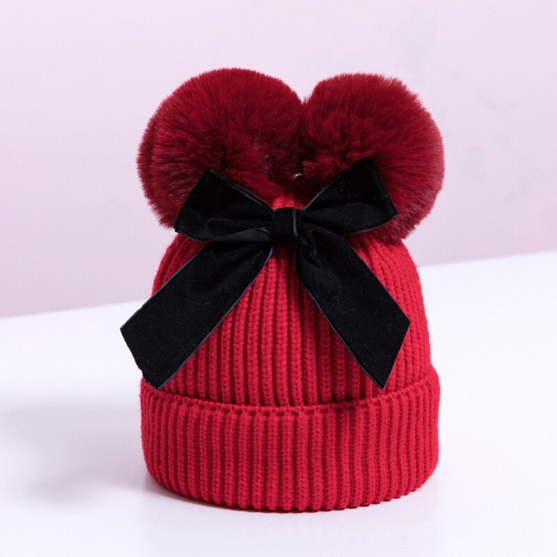 Winter Double Pompom Knitted Hat For Kids Girls Warm Thick Baby Caps With Bow Children&