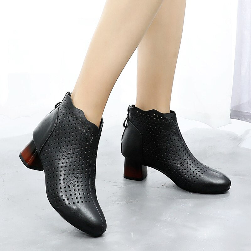 GKTINOO 2022 Summer Ankle Boots Genuine Leather Shoes Women Med High Heel Back Zipper Boots Cutout breathable Mujer Zapatos
