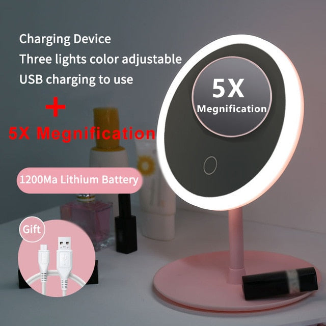 LED Makeup Mirror With Light Lamp With Storage Desktop Rotating Cosmetic Mirror Light Adjustable Dimming USB  Vanity Mirror