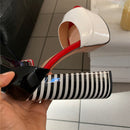 Onlymaker Damen Sandalen Plattform Peep Toe Chunky Square Heels Knöchelriemen Sandalen Schwarz-Weiß-Streifen Party Fashion Schuhe