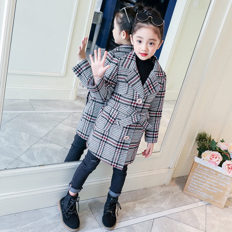 Kinder Mädchen Mantel Winter Neue Mode Hahnentritt Wollmantel für Mädchen Teenager Herbst Jacke Lange Dicke Oberbekleidung Kinder Winddicht