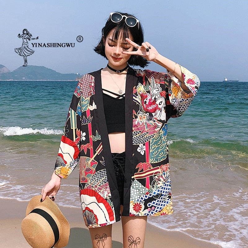 Yukata Frauen Kimono Cardigan Japan Kimonos Asien Kleidung Sommer Fischdruck Shirt Top Lässige Kimonos Kawaii Kimono Cosplay Kostüm