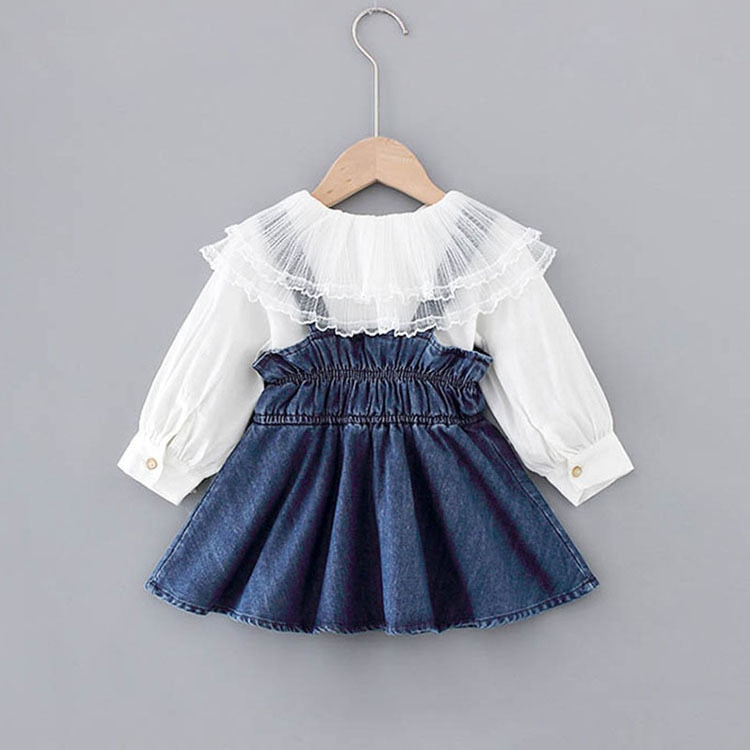 Autumn Infant Baby Girls Clothes Set Sweet Lace Large Lapel Long-sleeved Shirt + Cowboy  Dress 2pcs Set Denim Princess