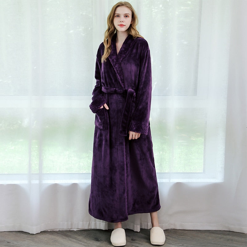 Men Winter Plus Size Long Coral Fleece Bathrobe Kimono Warm Flannel Bath Robe Men Cozy Robes Night Sleepwear Women Dressing Gown