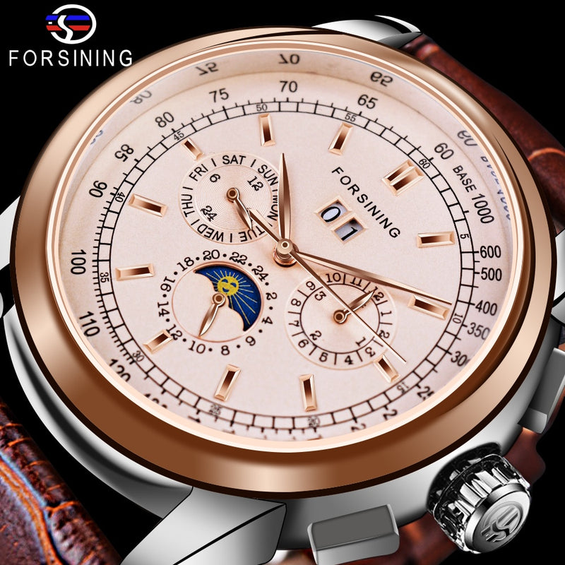 Forsining Moon Phase Shanghai Movement Rose Gold Case Brown Genuine Leather Strap Mens Watches Top Brand Luxury Auotmatic Watch