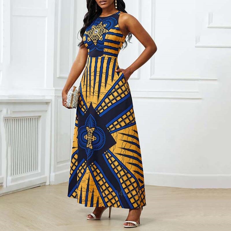 Afrikanische Kleidung für Frauen Dashiki-Druckkleid Europäische Kleidung Plus Size Bazin Rich Sleeveless Fashion Rundhals Maxi Vestido