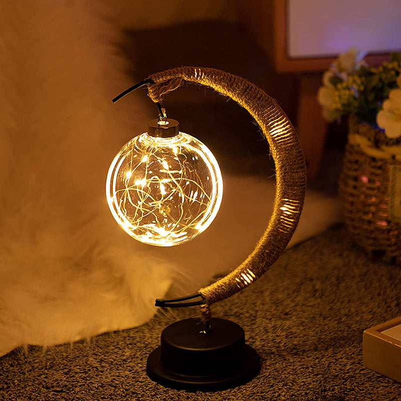 LED Laterne Nachtlicht Zimmer Weihnachtsdekoration Verzauberte Mondlampe Home Ornament Handgefertigtes Hanfseil Eisenkunstkugellicht
