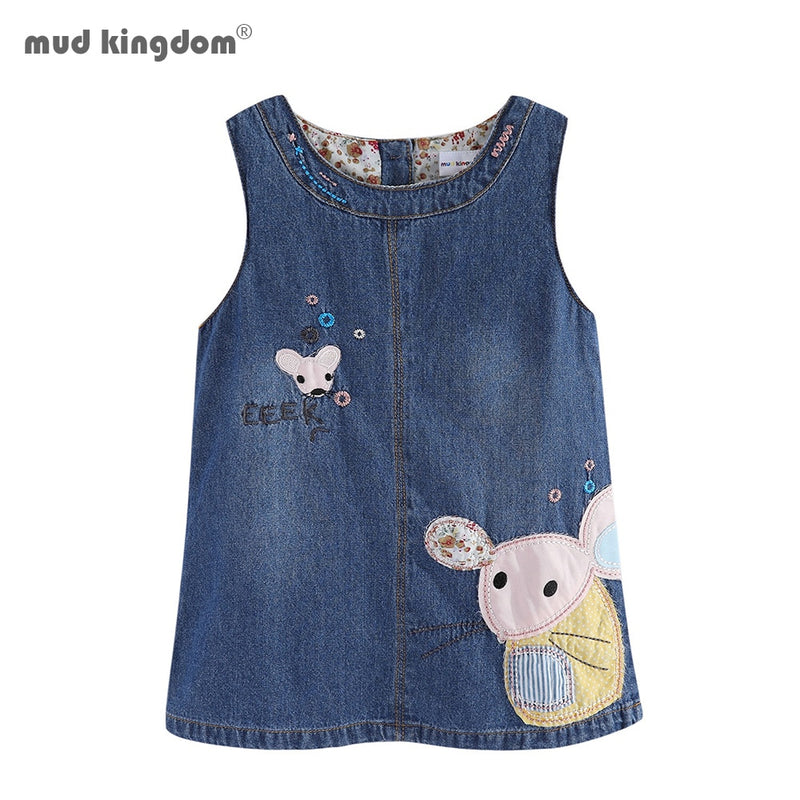 Mudkingdom Toddler Girls Denim Dress Cartoon Mouse Sleeveless Cute Vest Dress for Girl Dresses Puppy Jean Dress Kids Clothes