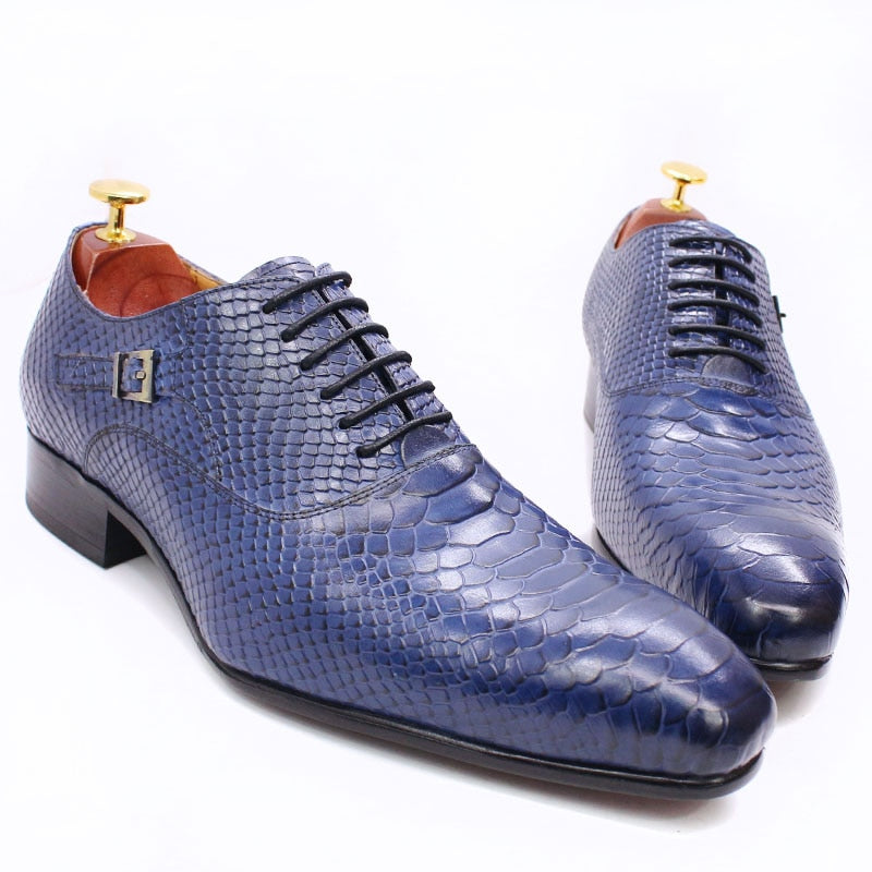 Zapatos Oxford de lujo para hombre, zapatos de cuero con estampado de piel de serpiente, zapatos de vestir de estilo clásico, zapatos formales de punta estrecha con cordones negros para café para hombre