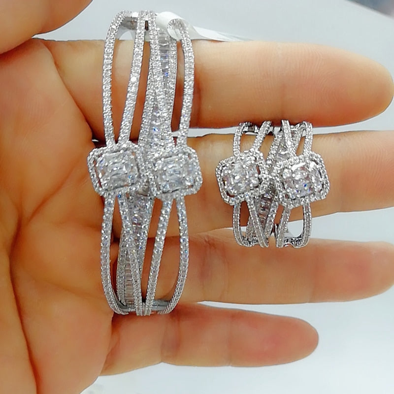 GODKI Luxury 2PCS Dubai Bangle Ring Set Conjuntos de joyería de moda para mujeres Compromiso de boda brincos para as mulheres 2022