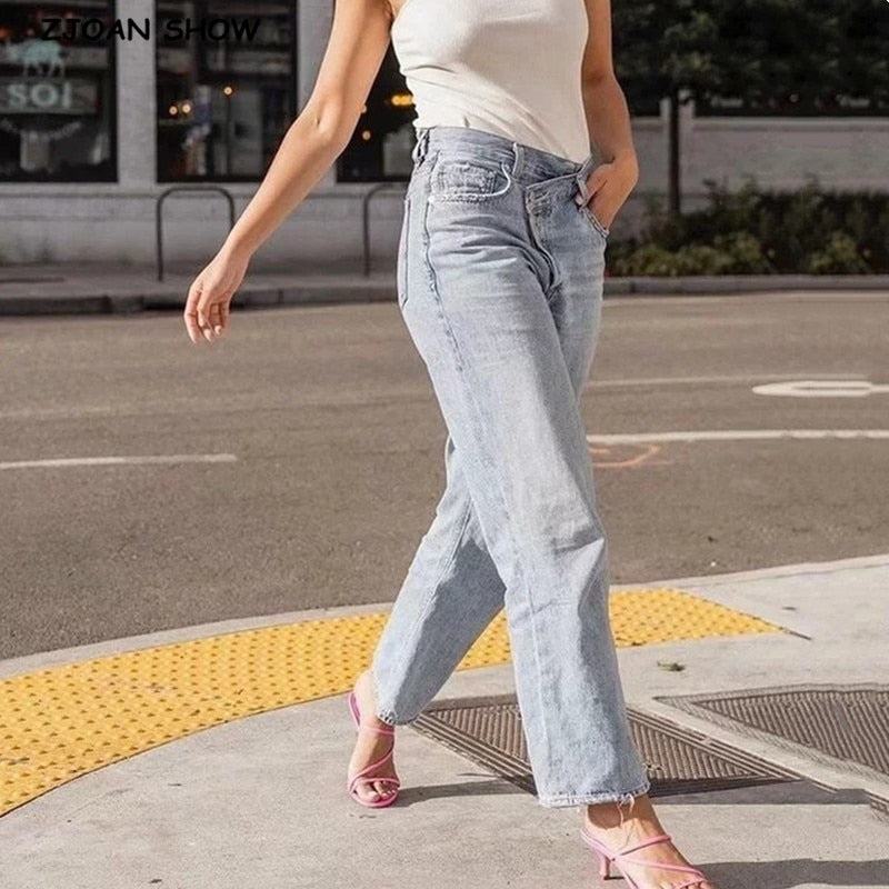 2020 Vintage High Cross Waist Mom Jeans Retro Ripped Jeans Women Boyfriend Denim Pants High Street Long Trousers blue black