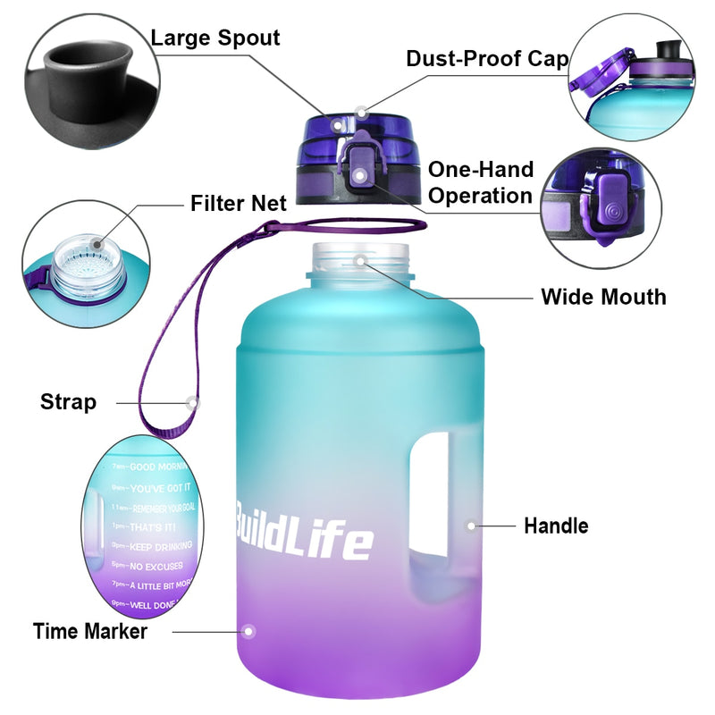 Botella de agua QuiFit de 128oz, 73oz, 43oz, 1 galón con filtro de marcas de tiempo, red de infusión de frutas, jarra de bebida deportiva motivacional sin BPA