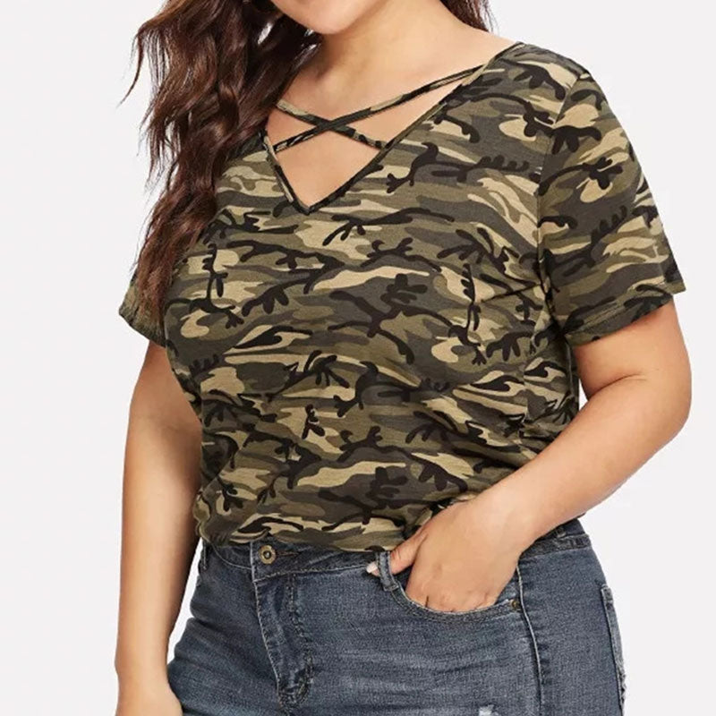 Plus Size Ripped Hollow Out Camouflage Printing Tees 3XL 4XL Women Summer Streetwear Lace Up Short Sleeve T-Shirts Tops