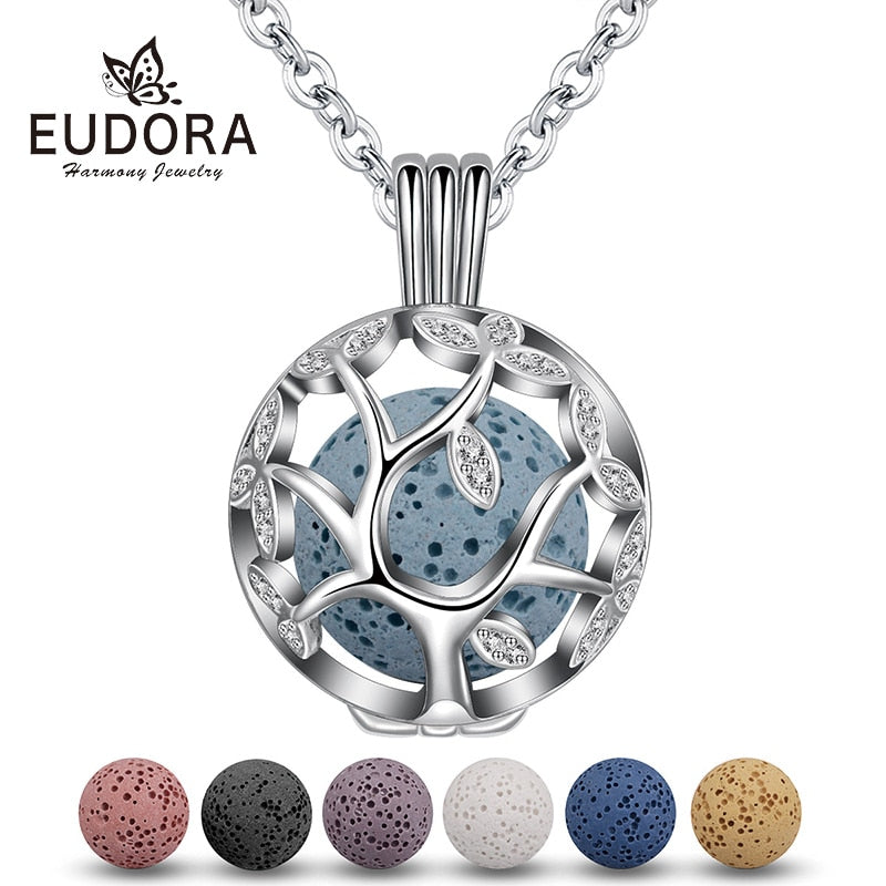 EUDORA 14mm Tree Of Life Pendant Aromatherapy CZ Cage Locket Diffuser Necklace Fit Volcanic Lava Stone Ball Fine Jewelry K187