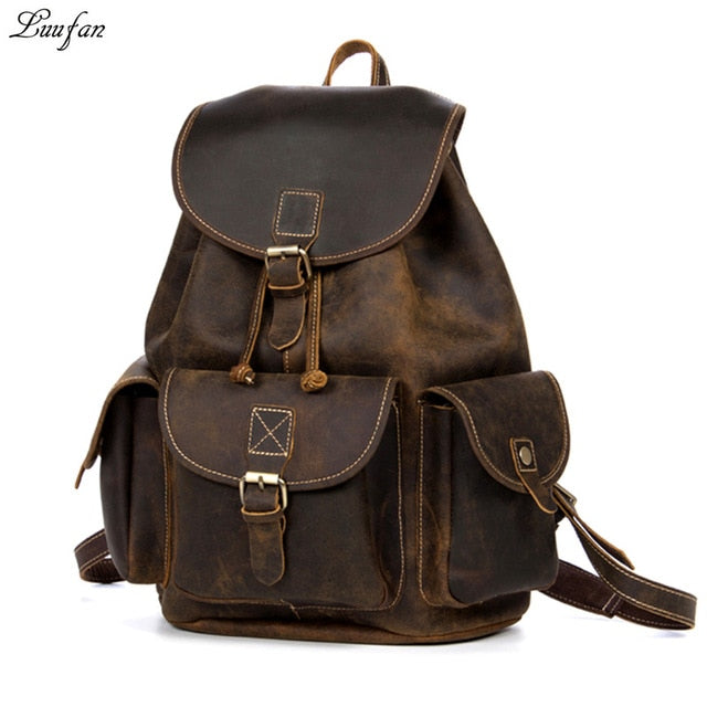 Vintage Crazy Horse Leather Men Backpack Unisex Cow Leather 14" Laptop Rucksack Women Thick Real Leather School Bag Casual Bag