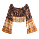 New Bohemian Geraffte Elastische Slash Neck Blumendruck Pullover Shirt Braun 2019 Frauen Tide Bow Elastische Taille Hosen 2 Stück Set