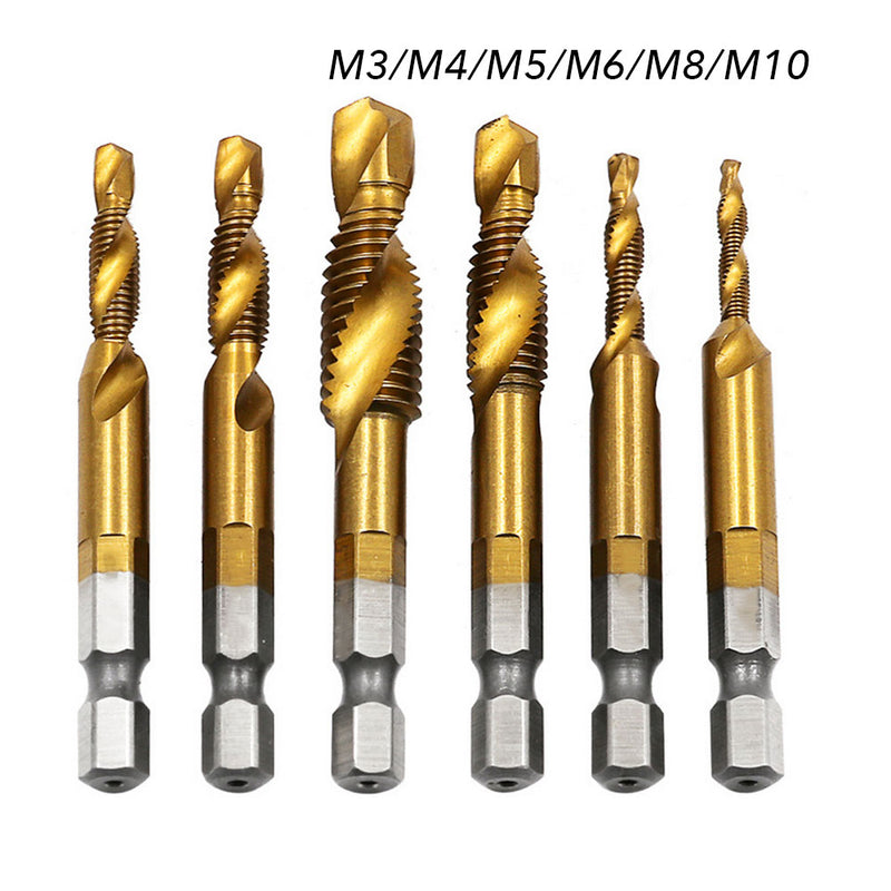BINOAX 6Pcs Titanium HSS Combination Drill Tap Bit Countersink Hex Shank M3-M10