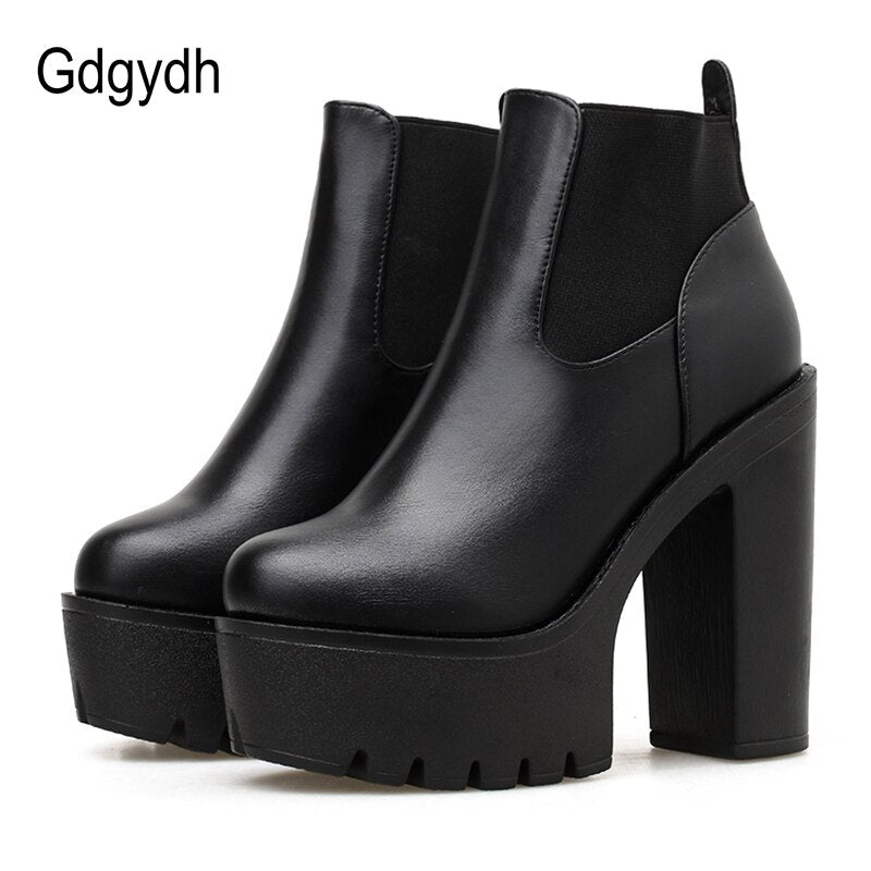 Gdgydh – bottes en cuir noir pour femmes, chaussures à talons hauts et plate-forme, modèle de fête, printemps-automne, couleur unie