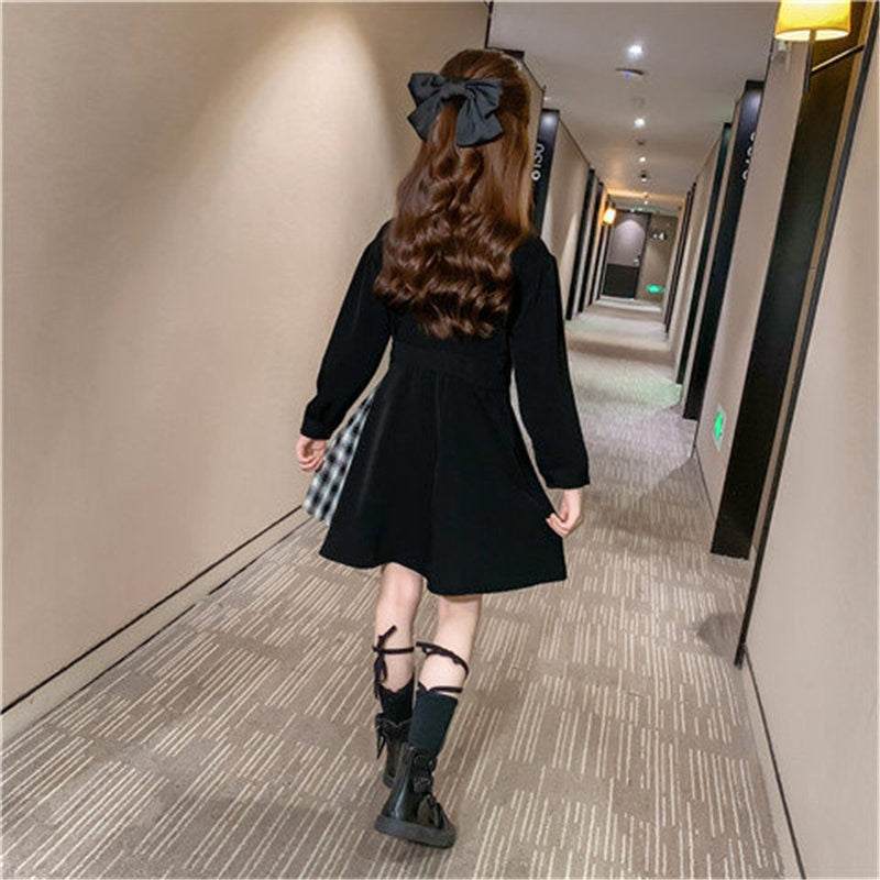 Kids Blazer Dress 2022 Girl Formal Black Blazer Dress Suit Jacket Female Fashion Children's Stitching Plaid Blazer Party Costume