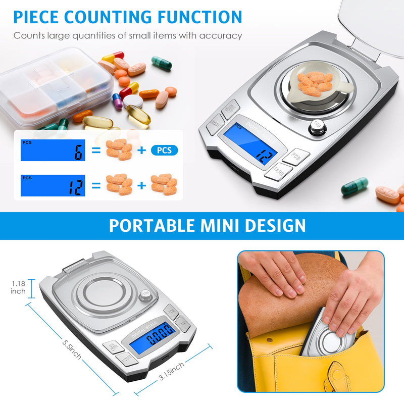 0.001g Precision Electronic Scales 100g/50g USB Charging Digital Weighing Jewelry Scale Portable Lab Weight Milligram Scale