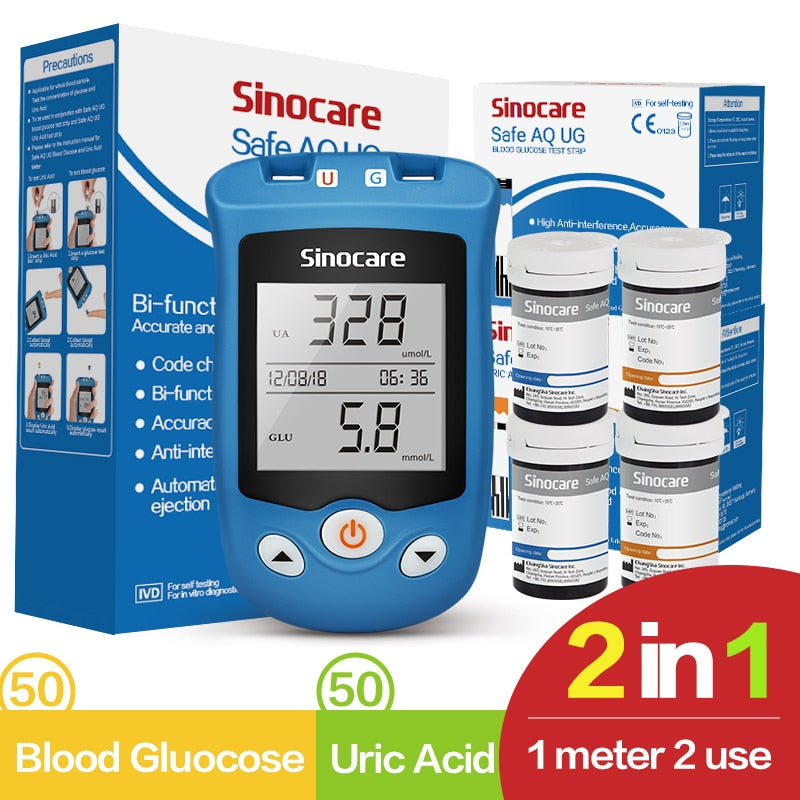 Sinocare Safe AQ UG mg/dL Blutzucker- und Harnsäuremessgerät &amp; Glukose-/Harnsäurestreifen für Diabetiker Gicht-Glukosemessgerät Multipack