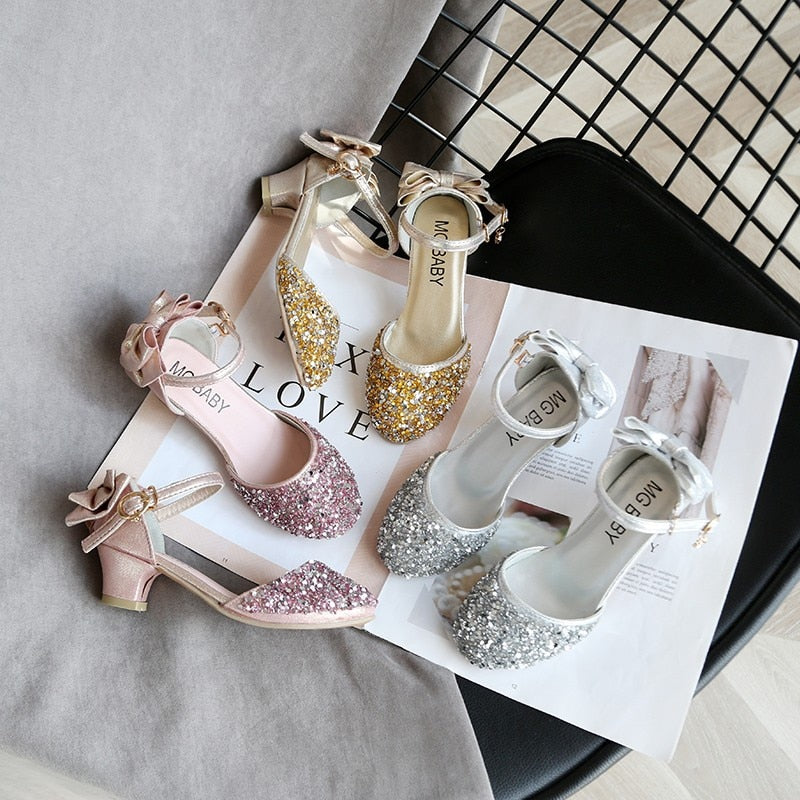 ULKNN Sandals For Girls Children Fashion High Heels Kids Spring Summer Princess Party Shoes Casual Bow Footwears Round Toe 2023