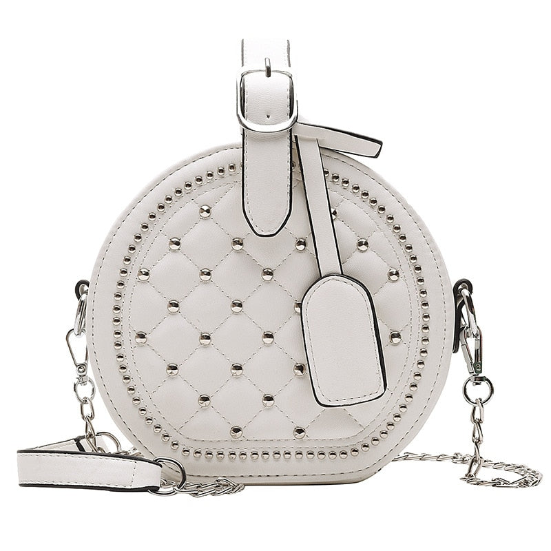 Bolso de hombro Circular con remaches de cadena a la moda para mujer, bandolera cruzada de piel sintética para mujer, bolso de mano redondo para mujer