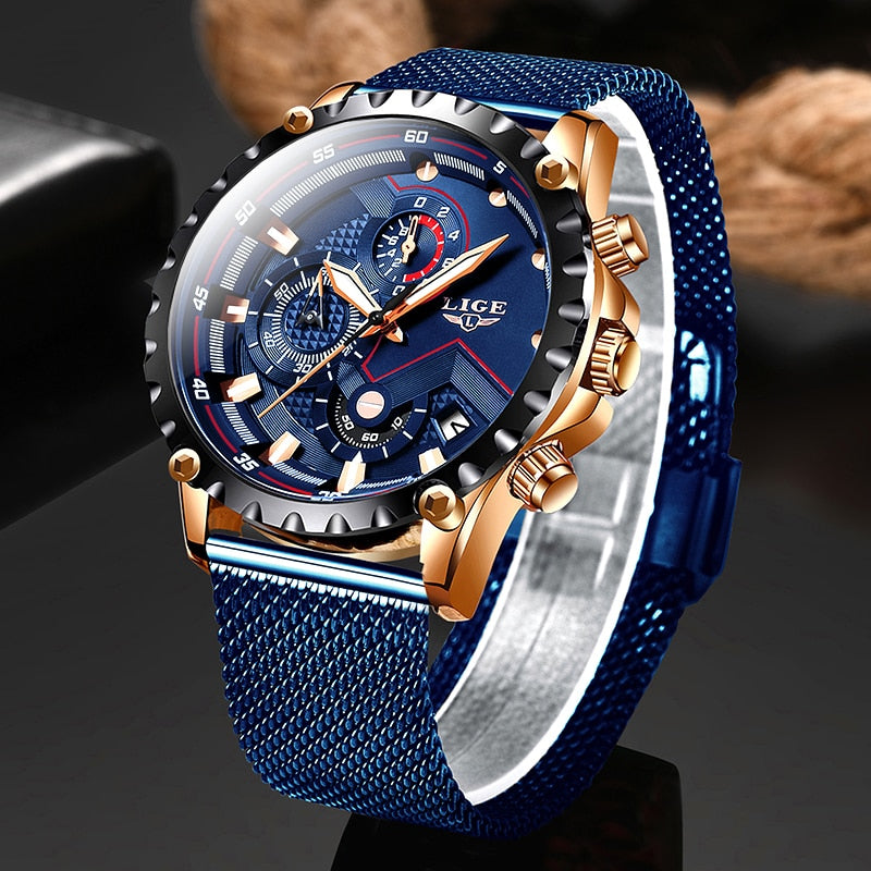 ¡Novedad de 2022! Reloj LIGE azul informal con correa de malla, reloj dorado de cuarzo a la moda para hombre, relojes de marca superior de lujo a prueba de agua, reloj Masculino