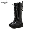 Gdgydh Mode Frauen Stiefel Cross Strap PU Leder Herbst Winter Kniehohe Stiefel Damen Dicke Sohle Plateauschuhe Punk Gothic