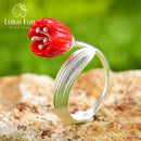 Lotus Fun Real 925 Sterling Silver 18k Gold Ring Red Coral Handmade Fine Jewelry Lily of the Valley Flower Rings For Women Gift