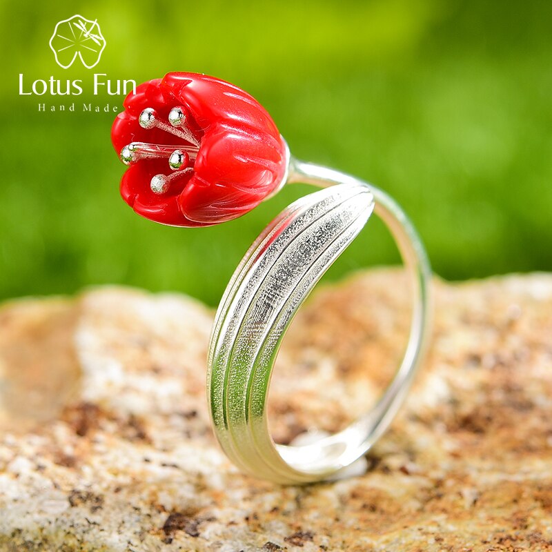 Lotus Fun Ring aus echtem 925er Sterlingsilber, 18 Karat Gold, rote Koralle, handgefertigt, feiner Schmuck, Maiglöckchen, Blumenringe für Frauen, Geschenk