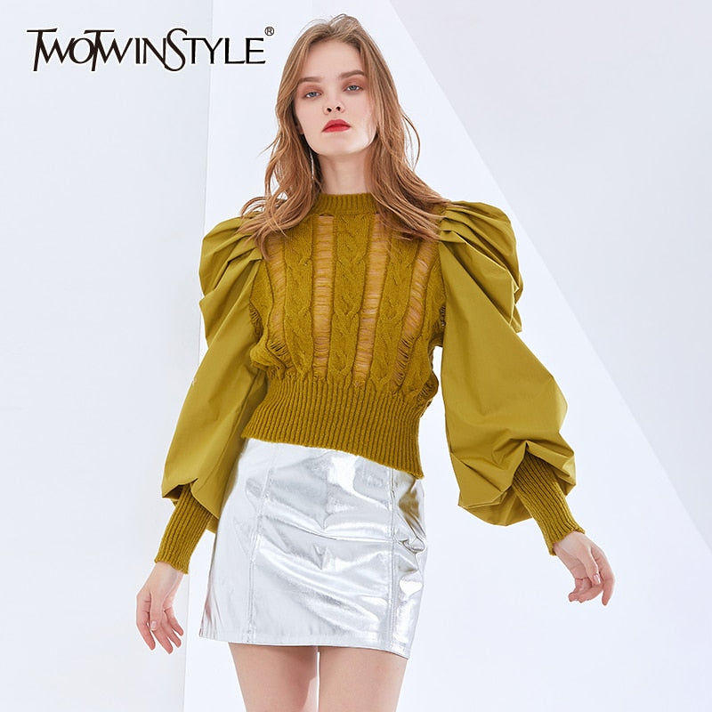 TWOTWINSTYLE Elegant Patchwork Sweater For Women O Neck Puff Long Sleeve Casual Knitted Pullovers Female Fashion New Clothing