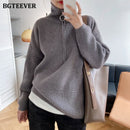 BGTEEVER Herbst-Winter-Reißverschluss-Rollkragen-Pullover Frauen beiläufige dicke lange Pullover Jumper weibliche lose Strickoberteile 2021