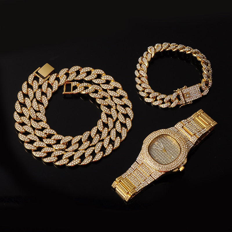 Halskette + Uhr + Armband Hip Hop Miami Curb Kubanische Kette Goldfarbe Iced Out Gepflasterte Strasssteine ​​CZ Bling Rapper Für Herrenschmuck