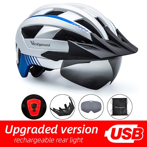 Victgoal casco de bicicleta LED montaña carretera USB recargable luz casco de ciclismo para hombre visera gafas hombres MTB bicicleta casco