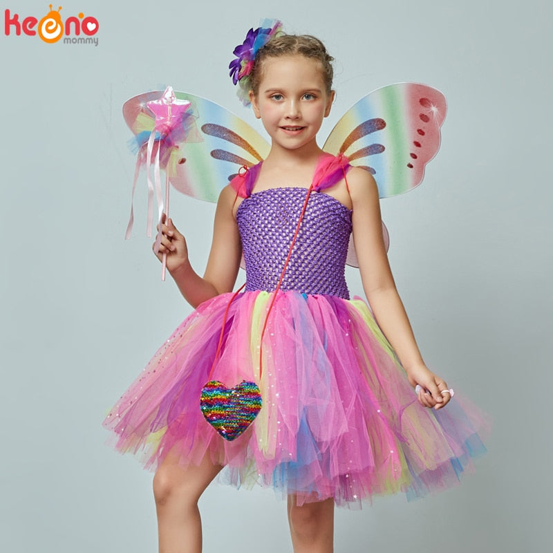 Girls Butterfly Fairy Fancy Tutu Dress Wings Costume Kids Princess Birthday Party Halloween Cosplay Kids Spring Tulle Dress