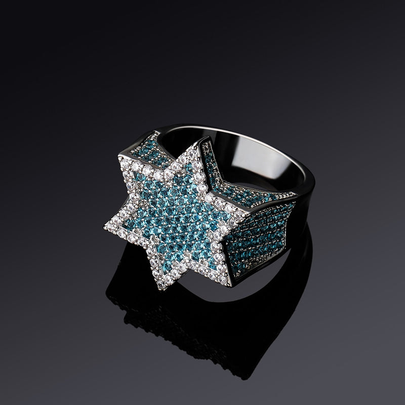 TOPGRILLZ New Hexagon Star Silver Color Blue Iced Out Cubic Zircon Rings Micro Paved Personality Hip Hop Jewelry For Gifts