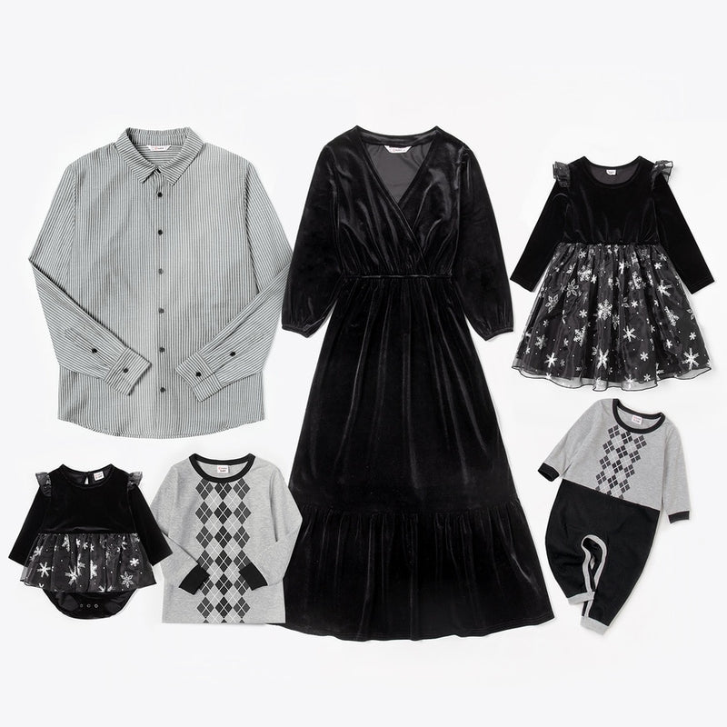 PatPat New Mosaic Cotton Family Matching Sets in Autumn Winter(Velvet Dresses-Pinstripe Shirts-Star Mesh Rompers) Family Look