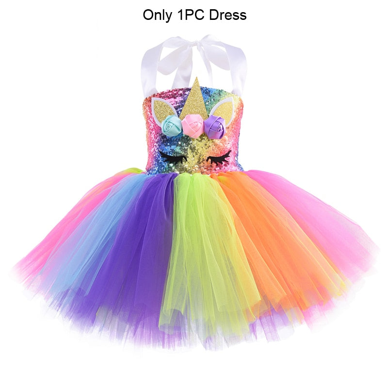 Regenbogen Pailletten Einhorn Kinder verkleiden sich Kostüme Prinzessin Mädchen Kleid Party Kostüm Halloween Blumenmädchen Kleider für Hochzeiten Knie