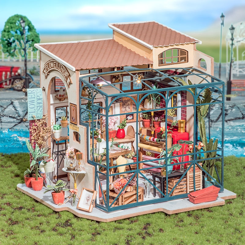 Robotime Rolife DIY Emily's Flower Shop Puppenhaus mit Möbeln Kinder Erwachsene Miniatur Puppenhaus Holzbausätze Spielzeug DG145