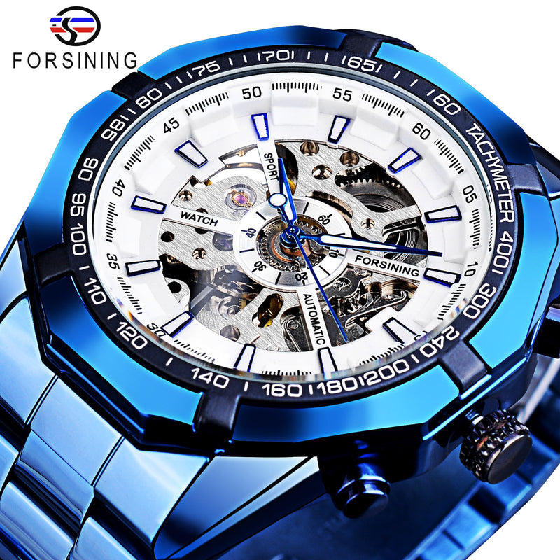 Forsining 2021 Stainless Steel Waterproof Mens Skeleton Watches Top Brand Luxury Transparent Mechanical Sport Male Wrist Watches