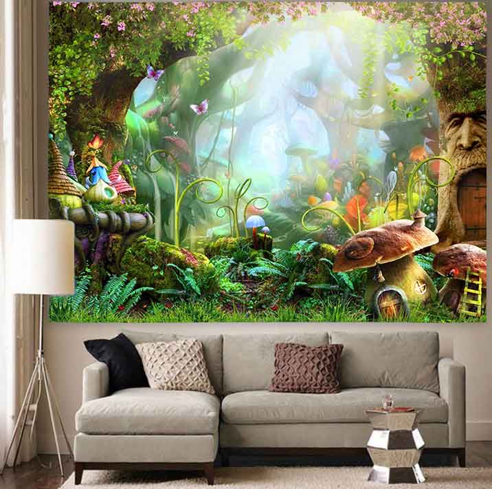 Simsant Psychedelic Forest Tapestry Mushroom Castle Fairy Tale Wall Hanging Tapestries for Living Room Bedroom Home Dorm Decor