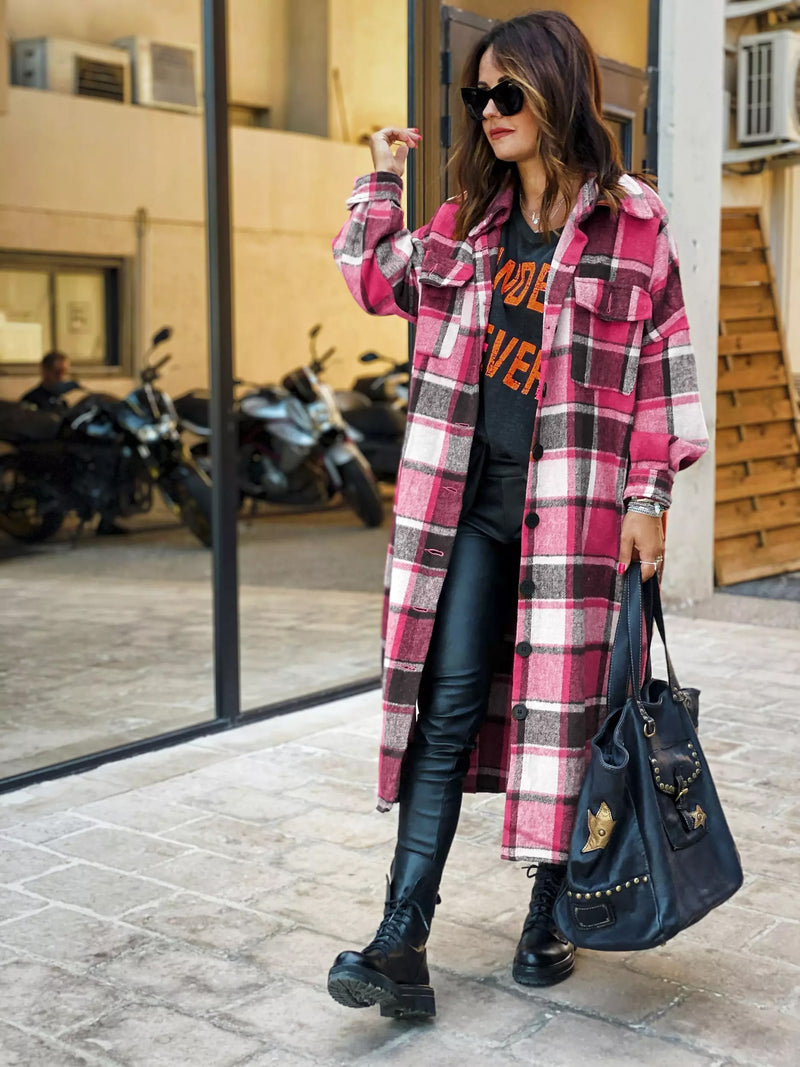 Women's Fashion Long Plaid Coat Autumn Shirt Coat Woolen Coat Streetwear Women Clothing Loose Coat Female Casual Jacket